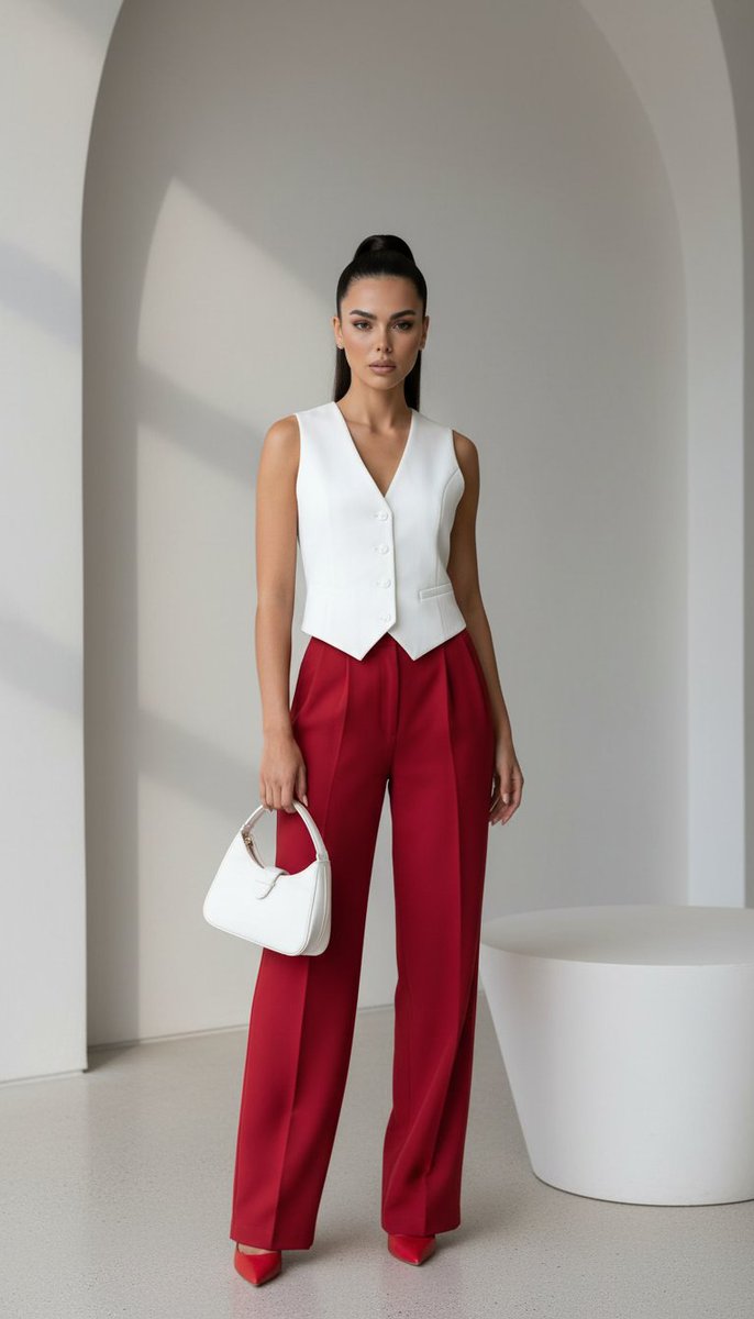 Modanize45's tweet image. Red &amp;amp; White 2026: 4 Elevated Looks ❤️🤍
White shirt + red mini skirt
White sculptural midi with red accents
White vest + red wide-leg trousers
Oversized white suit + red heels &amp;amp; bag
Which is your power pick? 1–4 below 👇
#QuietLuxury #RedPower #Spring2026