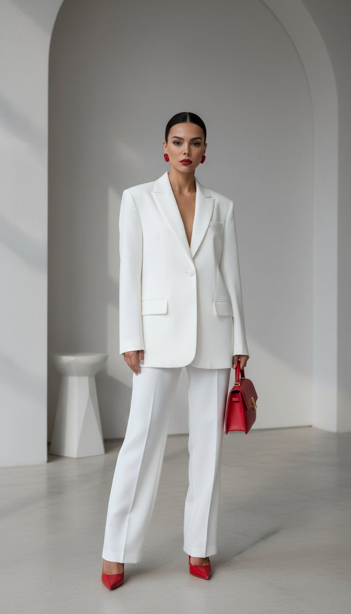 Modanize45's tweet image. Red &amp;amp; White 2026: 4 Elevated Looks ❤️🤍
White shirt + red mini skirt
White sculptural midi with red accents
White vest + red wide-leg trousers
Oversized white suit + red heels &amp;amp; bag
Which is your power pick? 1–4 below 👇
#QuietLuxury #RedPower #Spring2026