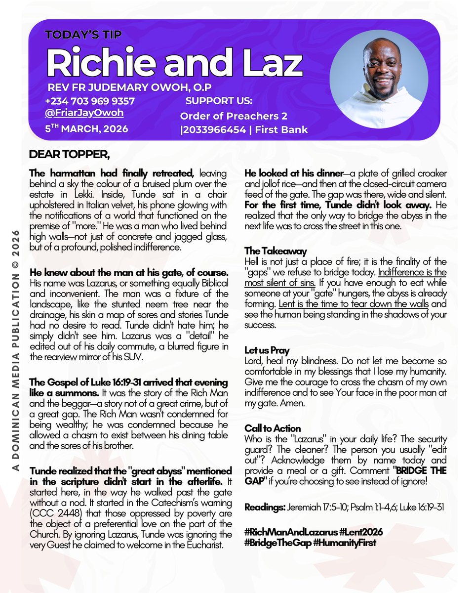 FriarJayOwoh's tweet image. Dearest one,
Beware of the silent and dangerous sin of INDIFFERENCE. Feel the pains of others, wrap them with the warmth of your kind thoughts, words and charity. God bless and reward your mindfulness. Amen.
YT - youtu.be/QaD_X2AV61Q?si…
#CatholicX #FriarJay #DominicanMedia