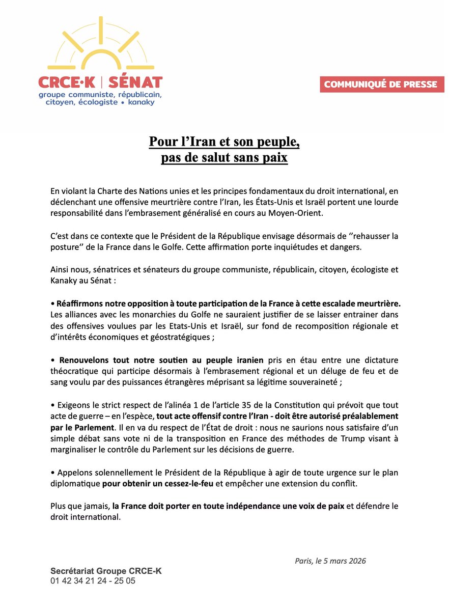 Offensive contre l’Iran, risque d’embrasement au Moyen-Orient, les <a href="/senateursCRCE/">Sénateurs CRCE-K</a> appellent à :
• refuser toute escalade militaire
• soutenir le peuple iranien
• respecter le rôle du Parlement
• agir d’urgence pour un cessez-le-feu
Le CP ↩️