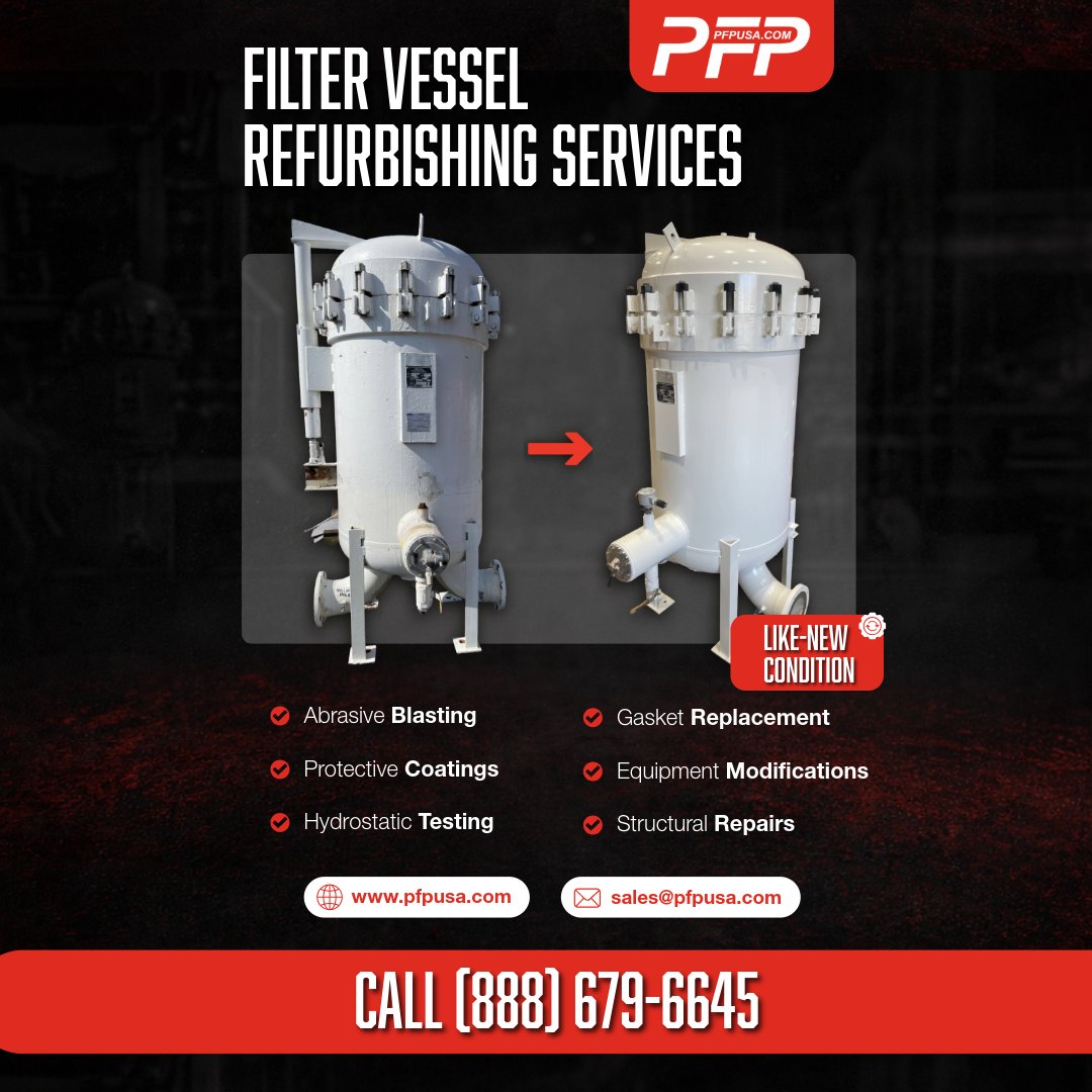 pfpusa's tweet photo. Do you have a filter housing showing signs of corrosion or structural wear?

We restore aging filter housings through blasting, repairs, coatings, hydrostatic testing, and component replacement to return them to like-new condition.

https://t.co/NDUGGBGNIG https://t.co/O1FCtJit0V