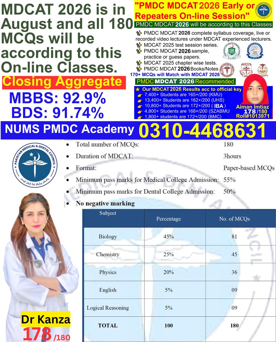 NumsPmc's tweet image. PMDC MDCAT 2026 Major Announcement 

📊 Structure
*Total MCQs: 180  
*Duration: 3 Hours  
*Format: Paper-based Multiple Choice Questions (MCQs)

 For #MDCAT2026 On-line Classes/Book's
Call/WhatsApp ☎️ 0310-4468631 

#mdcat2026 #pmdc #nums
#cmh #MBBS #BDS #medicaltest #pmdcmdcat