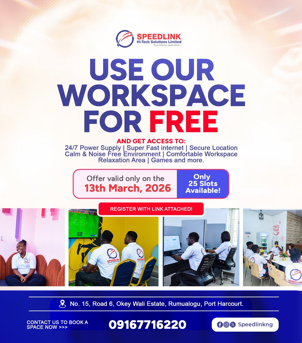 Speedlink_01's tweet image. Only 8 days to go!
Speedlink is opening its doors for a FREE Co-Working Day.
Work in a quiet, productive space with stable power, fast internet, and zero distractions.
Secure your spot:
bit.ly/Speedlinkworks…⁠
📞 09167716220
#FreeWorkspaceDay #CoworkingSpace #Speedlink