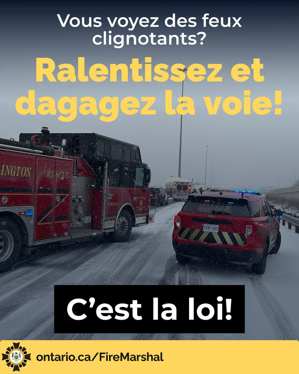 Si vous approchez un véhicule d'urgence avec des feux rouges / feux rouges et bleus, ou une dépanneuse avec des feux orange clignotants, c’est la loi de ralentir et de rouler prudemment.
Si la route comprend deux voies ou plus, les conducteurs doivent changer de voie.<a href="/transportON/">Ministère des Transports</a>