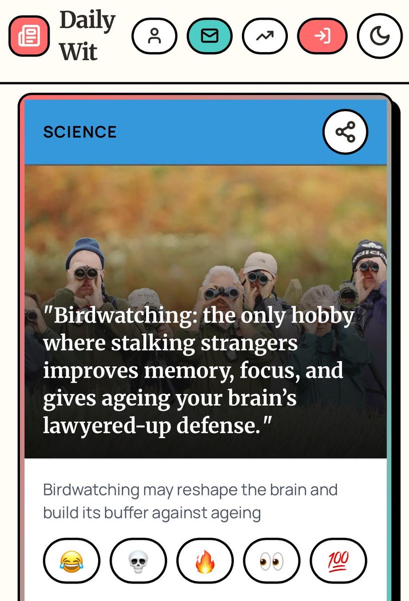DailyWitNews's tweet photo. Birdwatching: the only hobby where stalking strangers improves memory, focus, and gives your ageing brain a lawyer-ed-up defense 😂🕊️🔭

Who knew the cure for brain fog was just... staring at birds?

Full roast: https://t.co/VBDkxuhdrK

#DailyWit #Birdwatching #BrainHack https://t.co/eq9Rz7sAm8