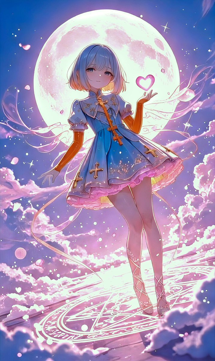 ー雲の縫い代ー

満月の前で、彼女は“立っている”というより、空に縫いつけられていた。  
足元の光の円は型紙みたいで、雲は布。夜は、ほどよく薄いレース。

彼女のワンピースには小さな十字の飾りがいくつもあって、近くで見るとそれは飾りじゃなく、継ぎ目だった。