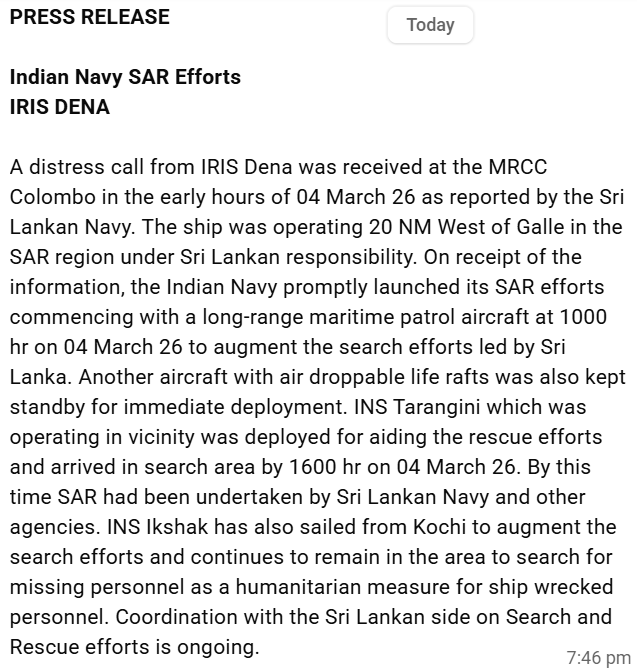 BREAKING: Indian Navy statement on the sinking of Iranian warship IRIS Dena by an American submarine yesterday