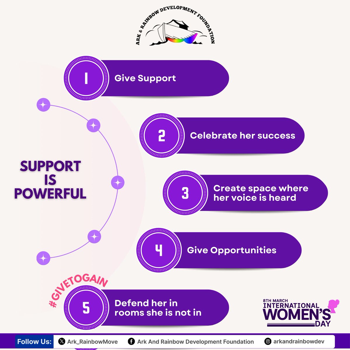 Ark_RainbowMove's tweet photo. Support is powerful💜

Sometimes giving simply means standing beside someone. Recommending her. Encouraging her. Amplifying her voice. When women support women, systems begin to shift.

Tag a woman who had supported you in a way that changed your journey.

#GiveToGain #IWD2026 https://t.co/1FHl93vNAe