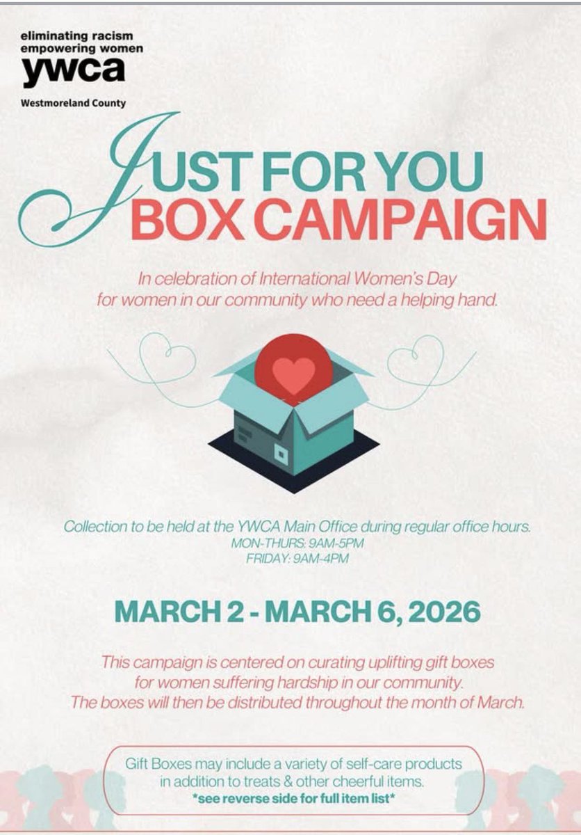 WCBAinPA's tweet photo. WCBA is a proud supporter of the YWCA Westmoreland County “Just For You Box Campaign.” We were honored to participate in their initiative to help spread kindness, encouragement, and care to women in need throughout our community. https://t.co/6kLZtp7kRD