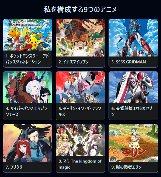 shakep0401's tweet photo. #私を構成する9つのアニメ
こうじゃな！
1. ポケモンアドバンスジェネレーション
2. イナズマイレブン
3. SSSS.GRIDMAN
4. サイバーパンク エッジランナーズ
5. ダーリン・イン・ザ・フランキス
6. 交響詩篇エウレカセブン
7. フリクリ
8. マギ 
9. 獣の奏者エリン

https://t.co/O9UWEzPWAJ https://t.co/nbiuIJNpF2