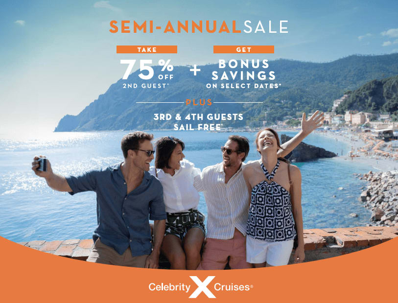 Now is the time to book. ✨
Celebrity Cruises’ Semi-Annual Sale is here with 75% off the 2nd guest, bonus savings, and 3rd &amp; 4th guests sailing free on select sailings.

Let me help you lock in the best value and plan your perfect getaway.
Message me to get started!