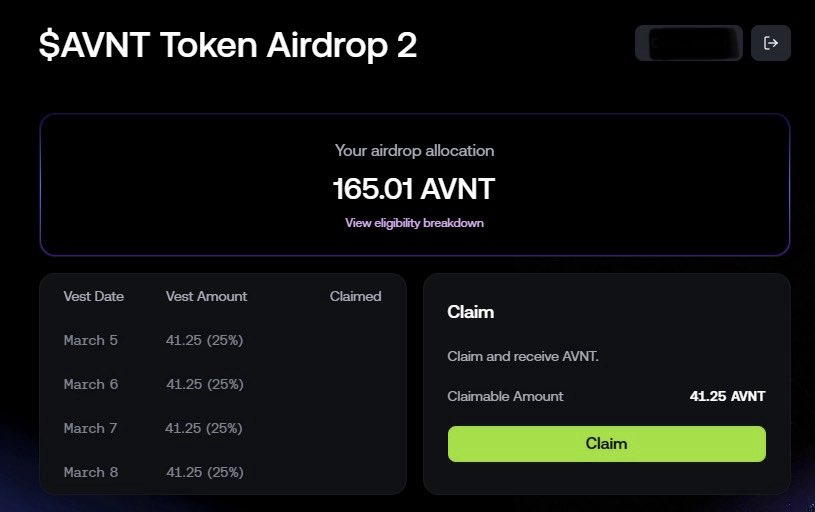 อิ่มไปอีกมื้อออออ!!!

Avantis เปิดให้เคลมค่าตี๋น้อย $AVNT บน Base หนทางเคลมค่าตี๋น้อยยังไง?!? ตามฉันมาโลดดดด!!! 👇🏻👇🏻👇🏻

1️⃣ เข้า Website

🪄 Link : foundation.avantisfi.com/airdrop

2️⃣ คลิก Claim AVNT => คลิก Continue with a wallet => คลิก MetaMask => คลิก Connect => คลิก Sign => คลิก