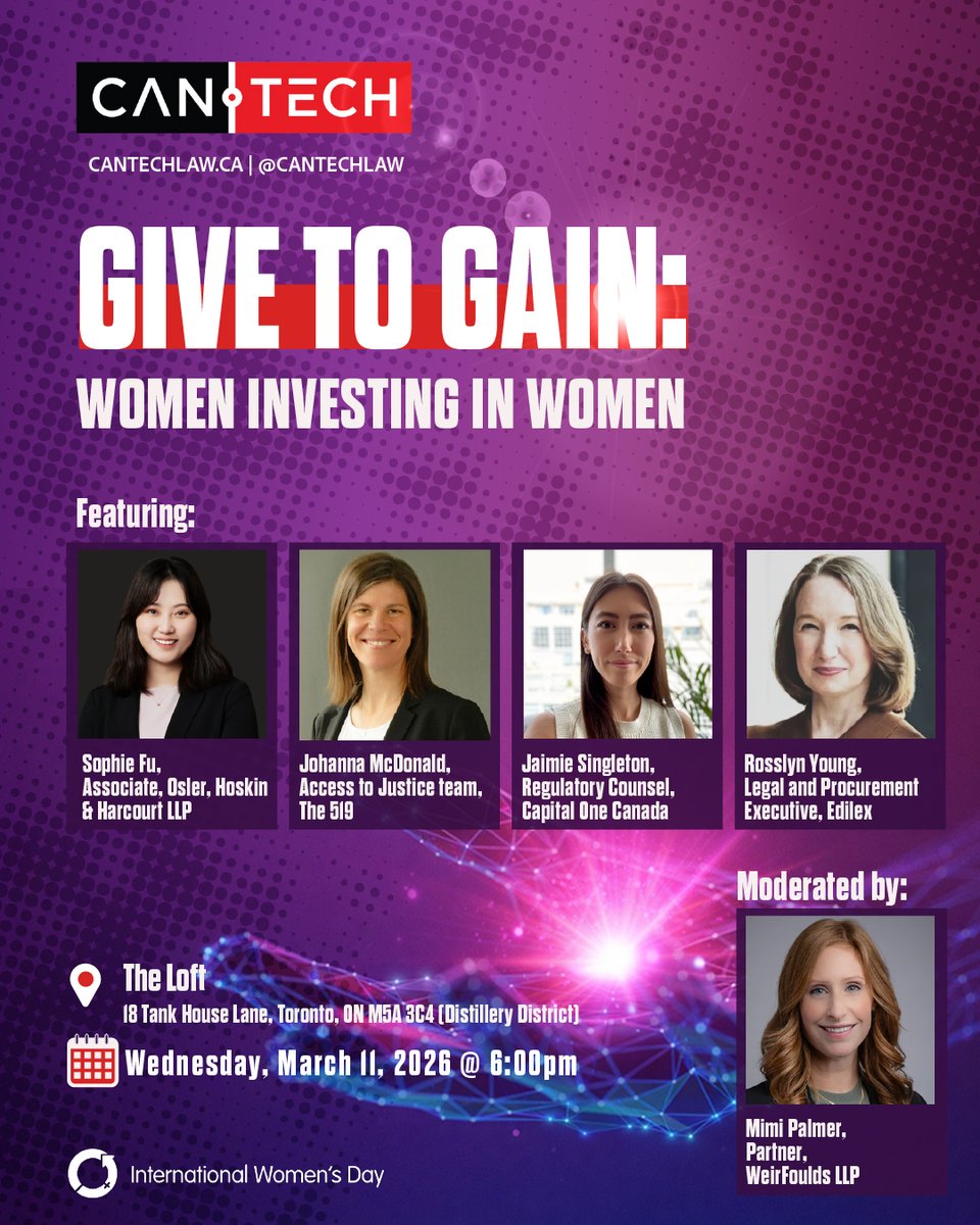 Join us next week for the <a href="/cantechlaw/">CAN-TECH</a>
WIT’s International Women’s Day 2026 event!  #GiveToGain: Women Investing in Women 

March 11, 2026 @ 6:00 p.m. EST  

Earn 1 hour of EDI Professionalism Content!  

Register now! cantechlaw.ca/event-6556954