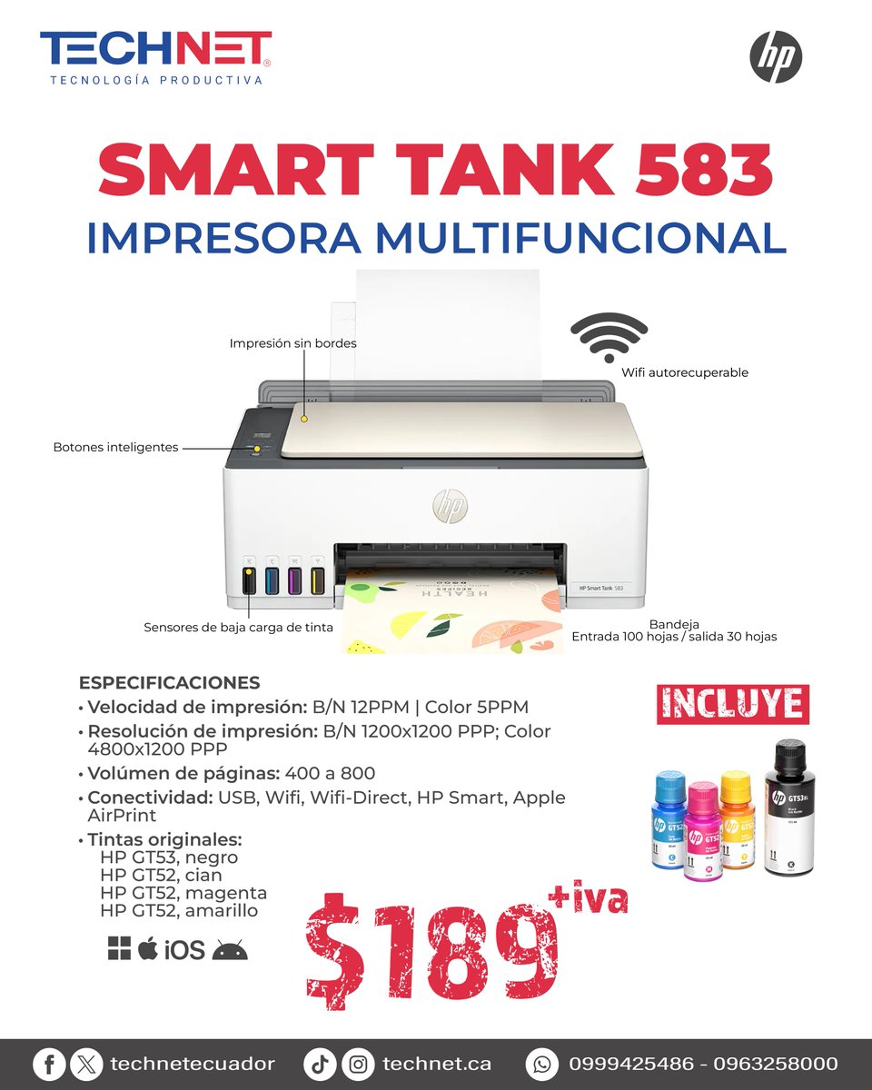TechNetEcuador's tweet photo. 🖨️ Encuentra en TECHNET tecnología para hacer tu trabajo más productivo.

Impresora multifunción HP Smart Tank 583 

💰 Precio: $189 + IVA

📩 ¡Contáctanos antes de que se agoten!
📲 0999425486 – 0963258000
#ImpresorasHP #HP #Impresoras #Tecnología #Oficina #TECHNET #SmartTank https://t.co/weqYQgDgZO