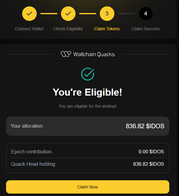 iDOS ilk 1000 için çok uğraştık ama geç başladığım için olmadı.

Quack Heads NFT tarafında eligible olmuşum.Henüz claim edilmiyor. Şuanki fiyattan satabilirsem 40$ civarı.

Teşekkürler <a href="/idOS_network/">idOS</a>  ve <a href="/wallchain/">Wallchain Quacks</a>