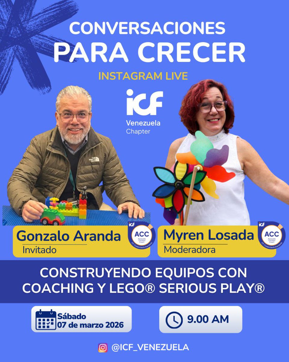 Este 7 de marzo 9:00 am por Instagram Live @ICF_Venezuela
Una nueva edición de Conversaciones para Crecer donde abordaremos cómo la Metodología LEGO® SERIOUS PLAY® y el Psicodrama dialogan en el trabajo con equipos y organizaciones
Invitado Gonzalo Aranda 
Moderadora Myren Losada