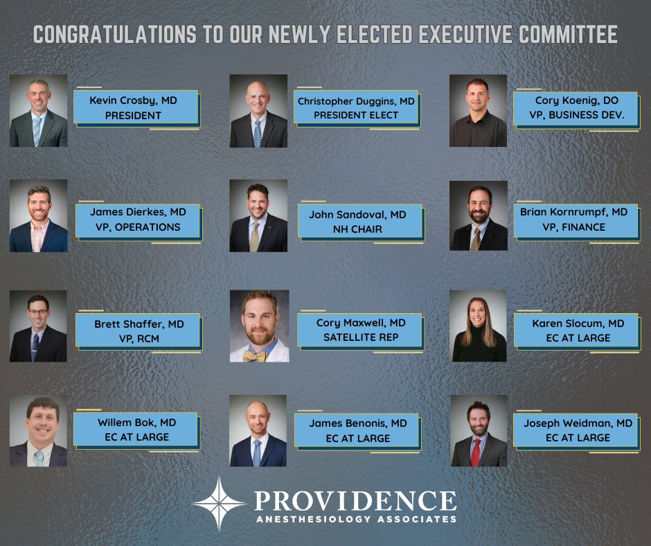 ProvAnesthesia's tweet photo. We’re excited to announce the newly elected PAA Executive Committee!
These leaders bring a wealth of experience, dedication, and vision to help guide our organization forward. 
Please join us in congratulating our new Executive Committee members! #executivecommittee https://t.co/wIFC2W53Rn