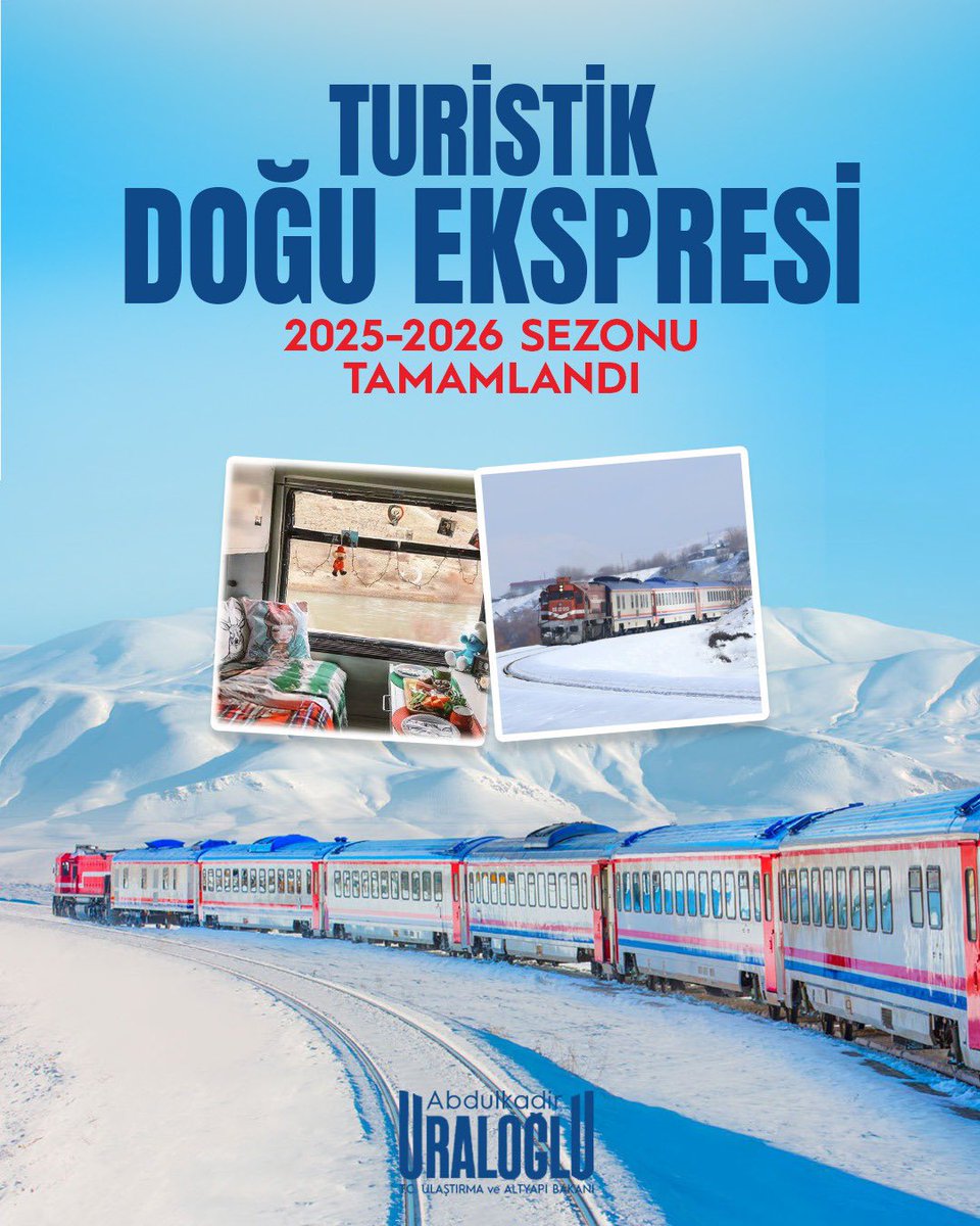 🚆 Turizmin lokomotifi Turistik Doğu Ekspresi, 2025–2026 kış sezonunu başarıyla tamamladı. 

🛤️ Bu sezon Ankara–Kars hattında gerçekleştirdiğimiz 60 seferle 10 bin 166 yolcumuza hizmet verdik. 

🏔️ 2019’dan bu yana 91 bini aşkın seyahatsever ve fotoğraf tutkunu, Turistik Doğu