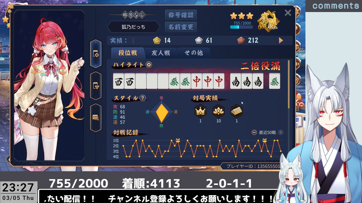 Dutch_desuyo's tweet image. 配信終わりました🦊
ご視聴、コメント、ありがとうございました(๑•̀ㅁ•́ฅ✧

ちょいプラス～(*ˊᗜˋ*)❣

四麻：段位戦 707/2000 → 755/2800(＋48) 
着順：4113 
2-0-1-1

#雀魂 #狐乃このライブ