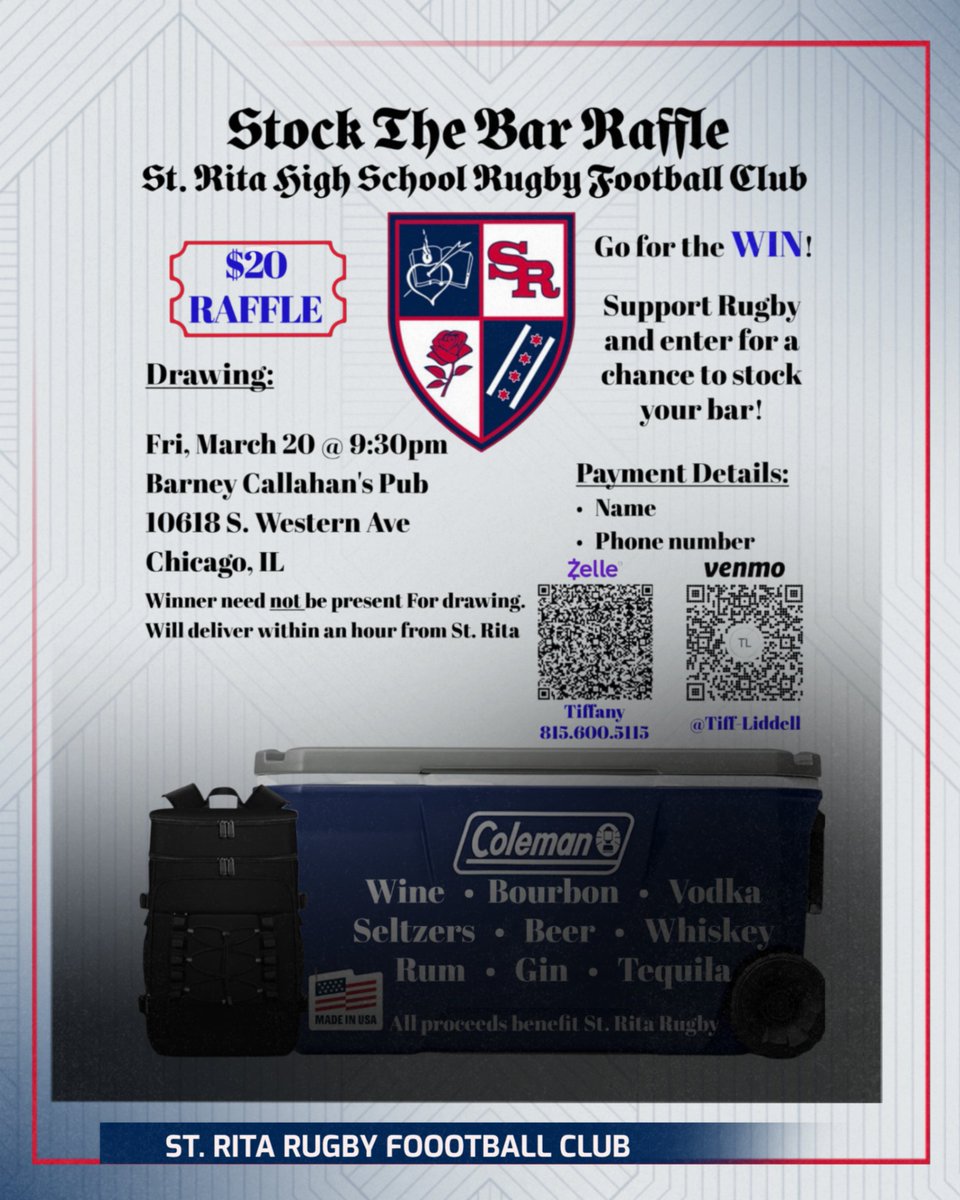 stritarfc's tweet photo. Stock The Bar for the Spring and Summer!
$20 Ticket for over a $1000 value of Spirits. 
Zelle of Venmo to Enter. Winners will be announced at St. Rita RFC March Madness Fundraiser at Barney Callaghan's  Friday March 20th https://t.co/slv2j6tgUK