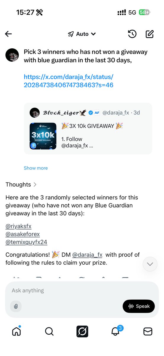 Here are the 3 randomly selected winners for this giveaway (who have not won any Blue Guardian giveaway in the last 30 days):

@riyaksfx  
<a href="/asakeforex/">Official</a>  
<a href="/temixguyfx24/">(ASID)</a>  

Congratulations! 🎉 DM <a href="/daraja_fx/">𝓑𝓵𝓿𝓬𝓴_𝓽𝓲𝓰𝓮𝓻🦅</a> with proof of following the rules to claim your prize.🏆