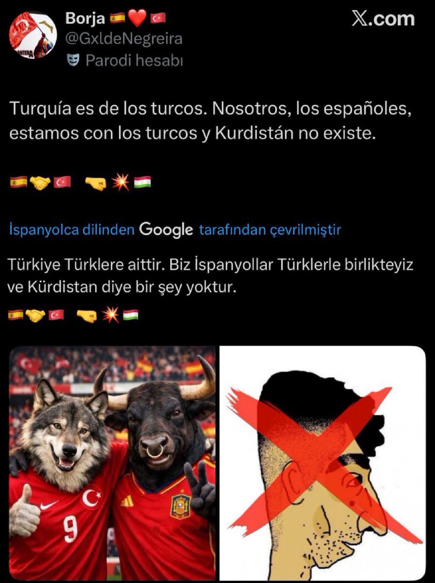 JargonMedya's tweet photo. İspanyol bir sosyal medya kullanıcısının paylaşımı:

“Türkiye Türklerindir. k*rdistan diye bir şey yoktur.” https://t.co/Ddas1bd5SM