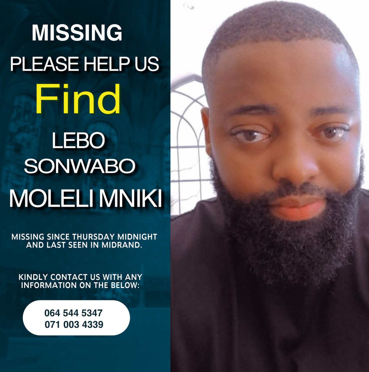 How do we forget so quickly?

Midrand family says the world moved on but Lebo is still missing

35 year old Lebo Sonwabo Moleli Mniki has been missing since 28 August 2025 after he was last seen entering Princeton Village Respublica in Midrand. His family says he was seen