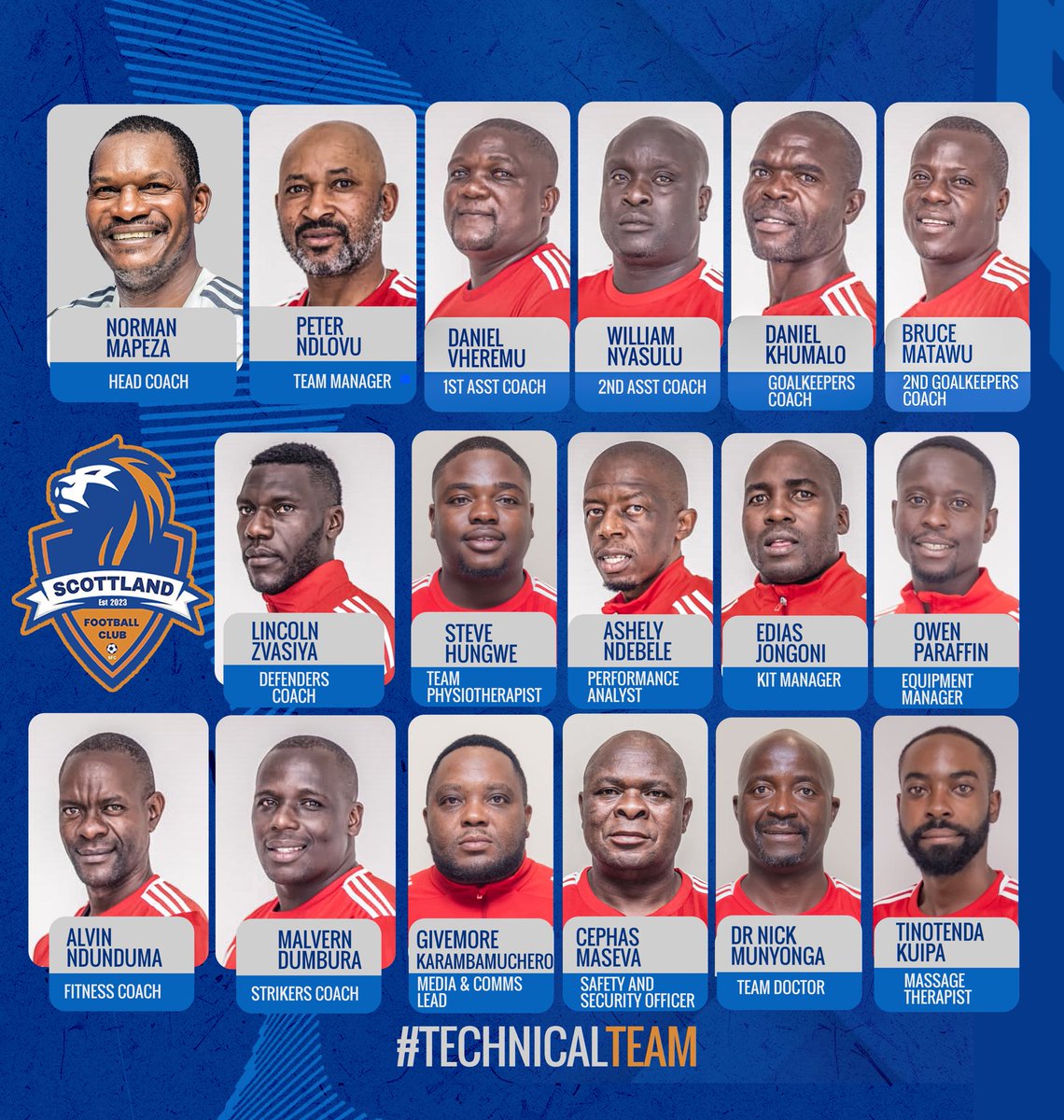 ScottlandFC's tweet photo. 🚨🚨MEET THE TECHNICAL TEAM

Here is the Scottland FC technical team for the 2026 season, headed by coach Norman Mapeza.
#Mabviravira https://t.co/Lye3v4KuQ5
