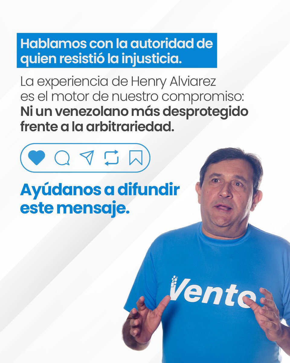VenteVenezuela's tweet photo. ¡Vamos a restaurar la dignidad! 🚨

Henry Alviarez (@HenryAlviarez), coordinador nacional de Organización en @VenteVenezuela, promueve 4 propuestas contra la arbitrariedad. 

Ni un venezolano más puede permanecer desprotegido frente a la arbitrariedad de régimen. 

#QueSeanTodos https://t.co/7xwRTvFNKh