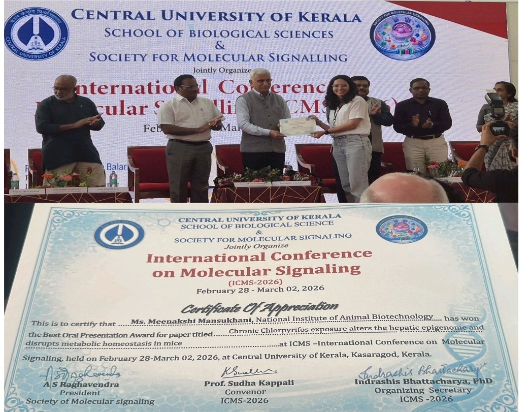 HydNiab's tweet photo. Congratulations to Ms. Meenakshi Mansukhani, from Reproductive Endocrinology Laboratory, on receiving the Best Oral Presentation award at the 10th International Conference on Molecular Signaling, under the aegis of the Society for Molecular Signaling. https://t.co/3flqhAdAWR