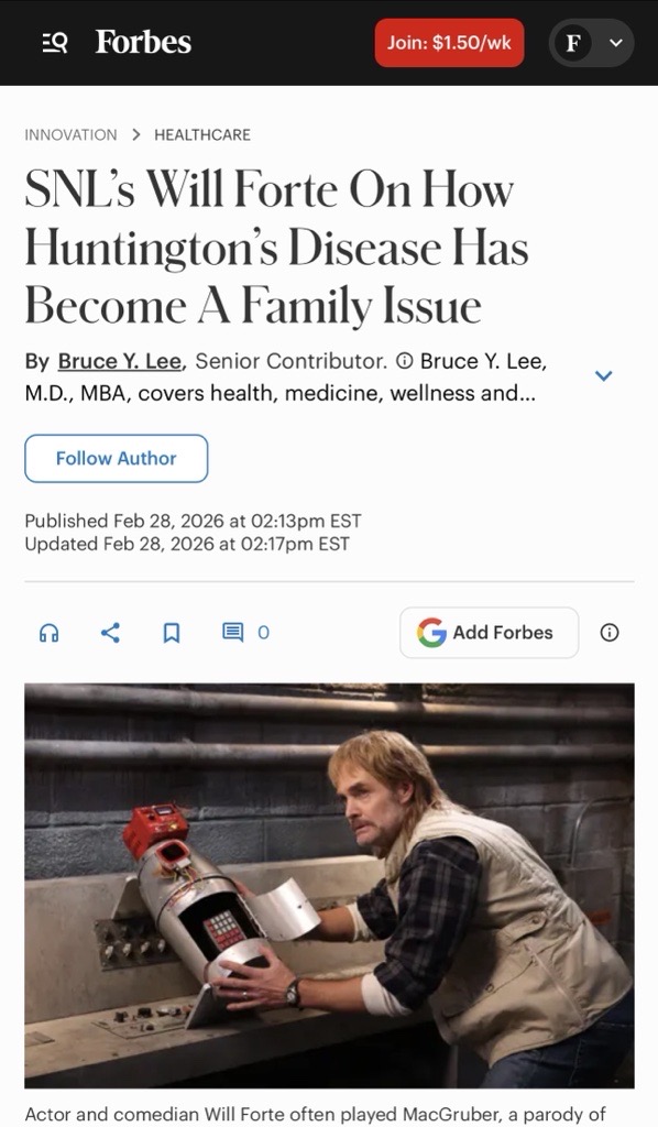 HDSA's tweet photo. #letstalkabouthd with Will Forte
Take a look at this recent Forbes article highlighting the actor and former SNL cast member’s journey with HD, and his decision to partner with Teva Pharmaceuticals, and Honestly HD.
Visit: https://t.co/nkXXdKbVH3
#HuntingtonsDisease #HDTips https://t.co/e194zgAIcN