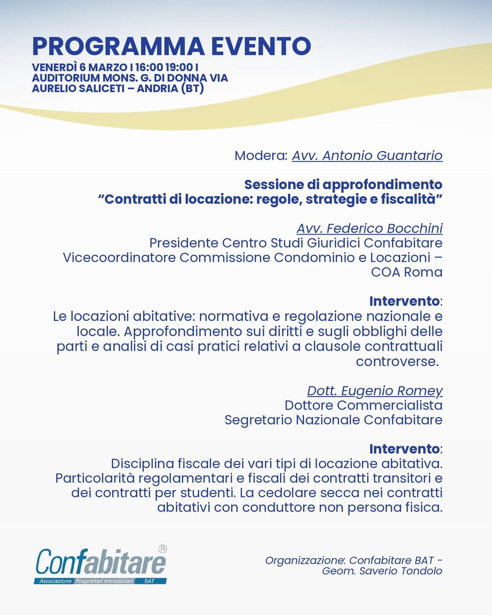 Confabitare1's tweet photo. Venerdì 6 marzo, dalle 16:00 alle 19:00, presso l’Auditorium Mons. G. Di Donna, in via Aurelio Saliceti ad Andria (BT), si terrà l’incontro di approfondimento "Contratti di locazione: regole, strategie e fiscalità". https://t.co/QS9hWdxEFM https://t.co/1CLjgAbCtW