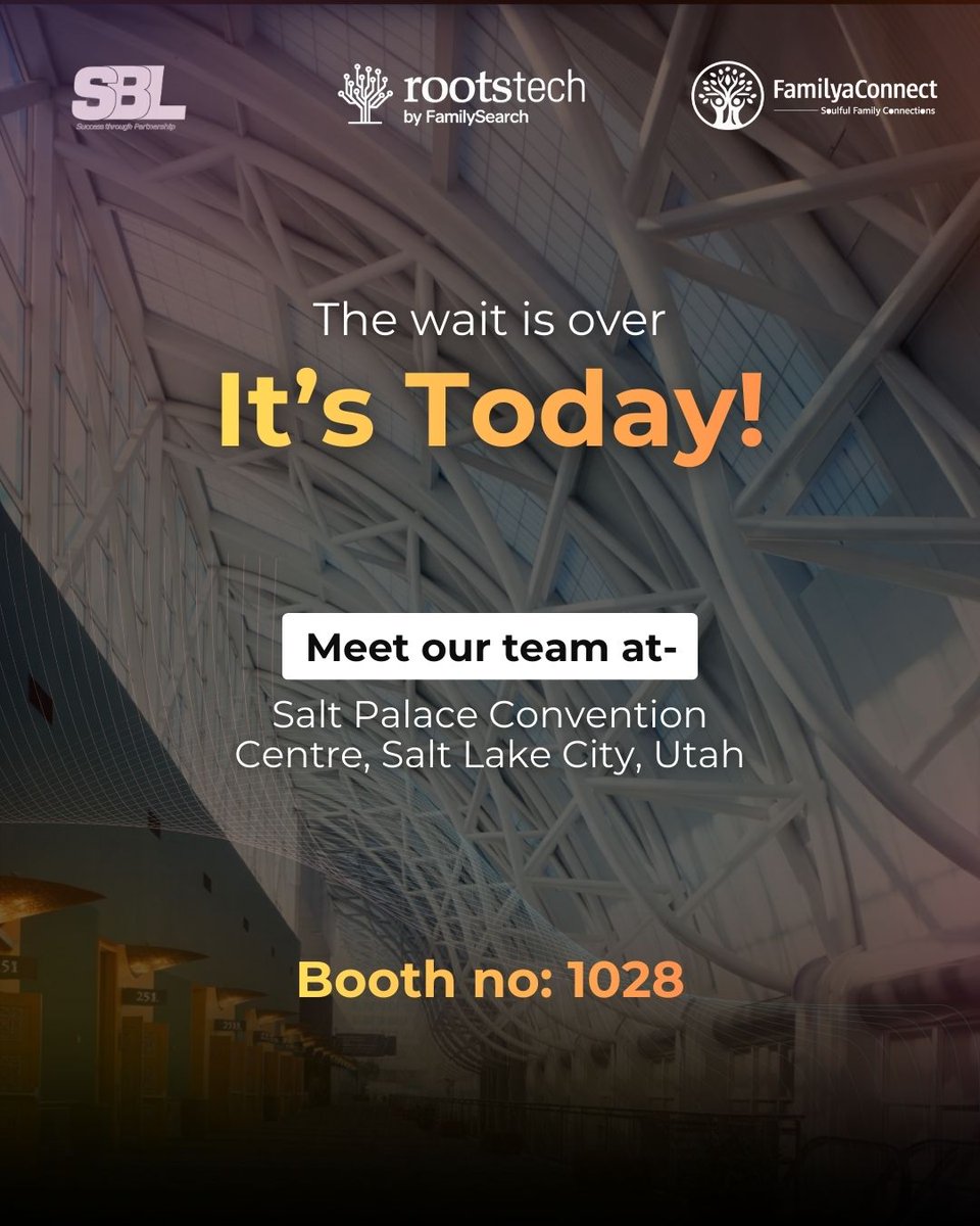 SBLCorpSolution's tweet photo. Day 1 at RootsTech 2026 is here! 

The SBL team is ready to connect and showcase AI-powered digitization and our FamilyConnect ecosystem, including Purvaj and Church Govern. 

Visit us at Booth #1028, March 5–7. 

Come say hello!

#RootsTech2026 #SBL #GenealogyInnovation https://t.co/spbT83b4EJ