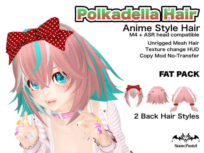 SnowPastel_jp's tweet photo. 明日発売「Polkadella Hair」

水玉模様の大きなリボンを主役にしたアニメスタイルのショートヘア。

後ろ髪はShort と Low Twin の2種類を同梱。

日本時間3月6日 05:00 AM 販売開始です。
よろしくね！

#SecondLife 
https://t.co/9i81kdVFmc https://t.co/VtESuWgCJr