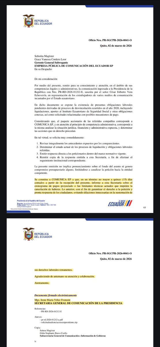 Extrabajadores de #RadiosIncautadas recibimos con optimismo respuesta de <a href="/ComunicacionEc/">Comunicación Ecuador 🇪🇨</a> de <a href="/Presidencia_Ec/">Presidencia Ecuador 🇪🇨</a>. <a href="/comunica_ep/">Empresa Pública de Comunicación del Ecuador</a> dentro de sus competencias legales deberá emitir una respuesta sustentada en lo que dispone el artículo 328 de la Constitución de la República.
<a href="/DanielNoboaOk/">Daniel Noboa Azin</a>