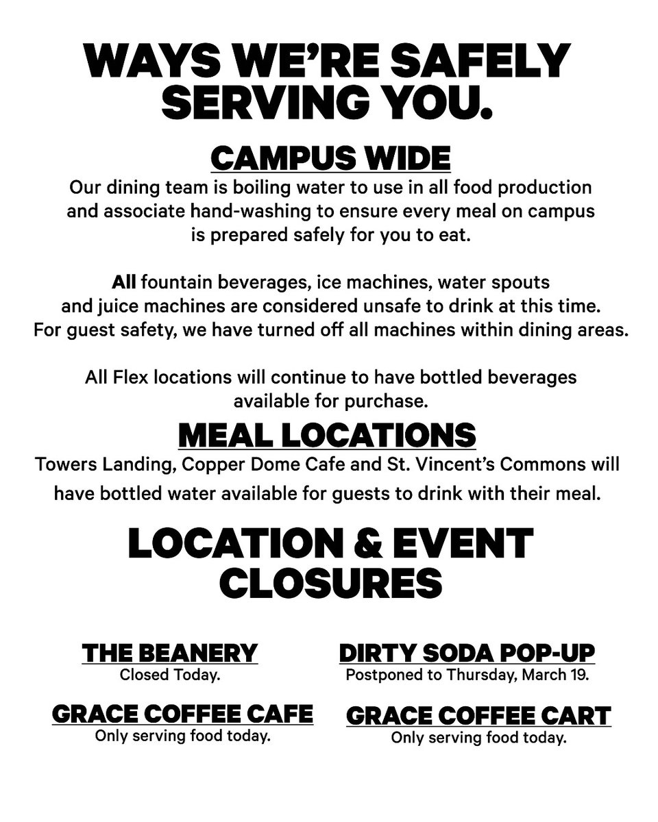 ⚠️Boil Water Order Update⚠️

The City of Cape Girardeau has issued a boil water order today. Check out the second image here for more information on dining locations and how we are safely serving you. 

#SEMOdining #BoilWaterUpdate #SEMO