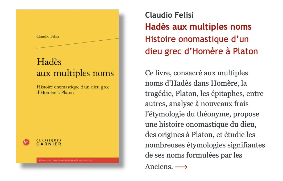 flr_louis's tweet photo. Claudio Felisi - Hadès aux multiples noms

Histoire onomastique d’un dieu grec d’Homère à Platon

Vient de paraître chez Garnier https://t.co/O6n5KQMZoE