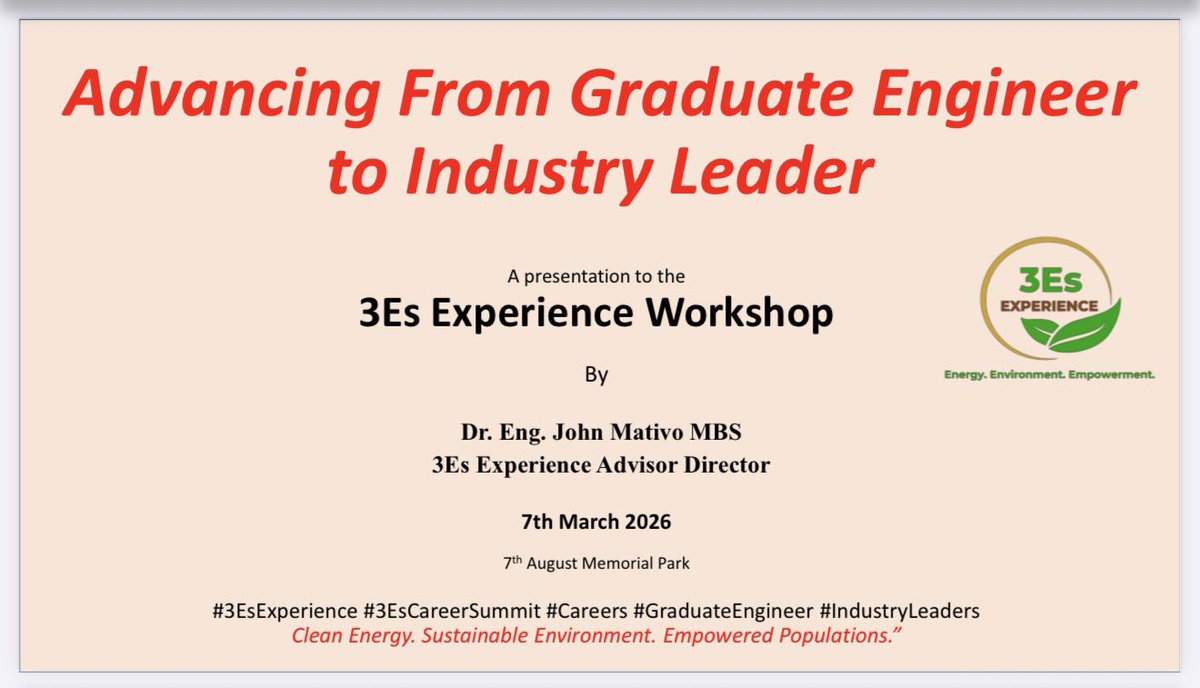 MativoMJohn's tweet photo. @3esExperience All set for the @3esExperience workshop on Saturday 7th March 2026 at 7th August Memorial Park.
I will be sharing the Engineering Career growth from Student, Graduate Engineer, Professional Engineer to an Industry Leader.
#GE2PE #Engineering #Career #Leader https://t.co/sQWw4AXz3K