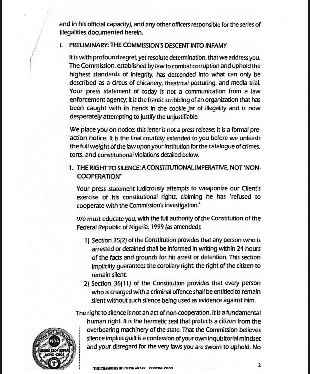 IU_Wakilii's tweet photo. BREAKING: Former Kaduna State Governor, Nasir Ahmad El-Rufai and his family has demanded fresh N15.6 billion in damages from the ICPC, its Chairman, and other officers over his arrest, detention, and untrue public statements issued against him.

The demand follows claims by the commission that “wiretapping equipment” was discovered in El-Rufai’s residence.

In the letter dated March 4, 2026, El-Rufai’s legal team described a March 2, 2026 press statement issued by the ICPC as defamatory and misleading, insisting that it caused serious reputational damage to the former governor.

In a formal legal notice issued by his legal team, the former governor accused the commission of actions that allegedly violated his fundamental rights, make demands as follows:

- N5 billion as compensatory damages

- N5 billion as exemplary and punitive damages intended to deter similar conduct

- N5 billion as aggravated damages

- N500 million for injurious falsehood

- N100 million as cost of legal action

The total claim amounts to N15.6 billion.

El-Rufai’s lawyers gave the commission 24 hours to comply with the demands, failing which they said further legal steps would be taken. 

These include filing contempt proceedings against the ICPC Chairman at the Federal High Court, accelerating the pending fundamental rights enforcement and bail applications at the FCT High Court, and initiating civil suits for malicious prosecution, false imprisonment, defamation, and abuse of office.

The legal team also threatened to report the alleged forgery of a remand order for criminal investigation, petition the FCT Judicial Service Commission for disciplinary action against the magistrate involved, and file a complaint before the African Commission on Human and Peoples’ Rights over alleged violations of his fundamental rights.