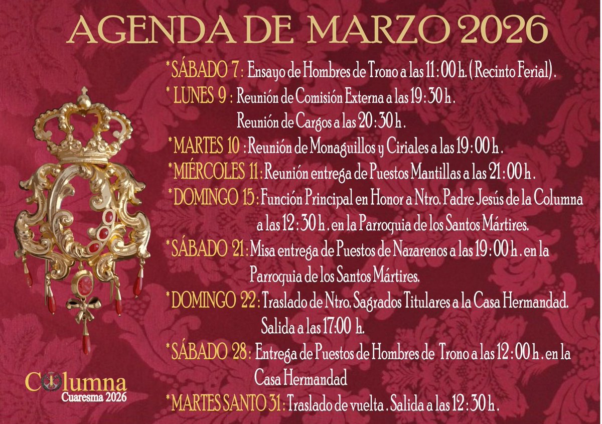 HdaddelaColumna's tweet photo. 🔴 AGENDA DE MARZO.
     #CofradíasMLG https://t.co/d6ANwri9ZA