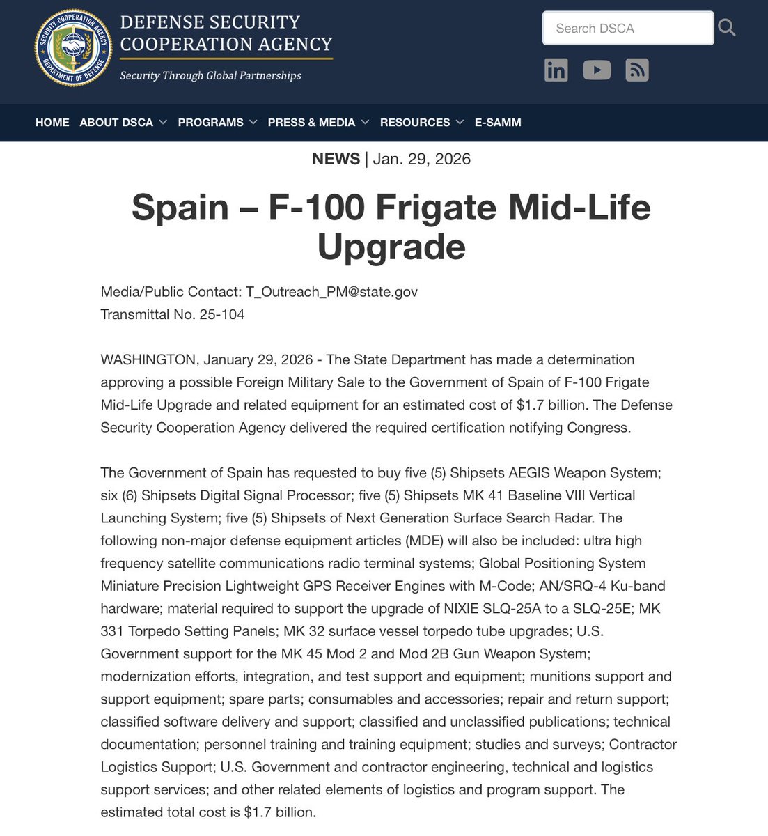 Hace solo un mes, el gobierno español del "no a la guerra" recibió de EE.UU. el permiso de compra de 1.700 millones en armanento de guerra. Una fuente en el Pentágono me envía este comunicado al ser preguntada por la situación de la relación militar hoy. 

"España compra un