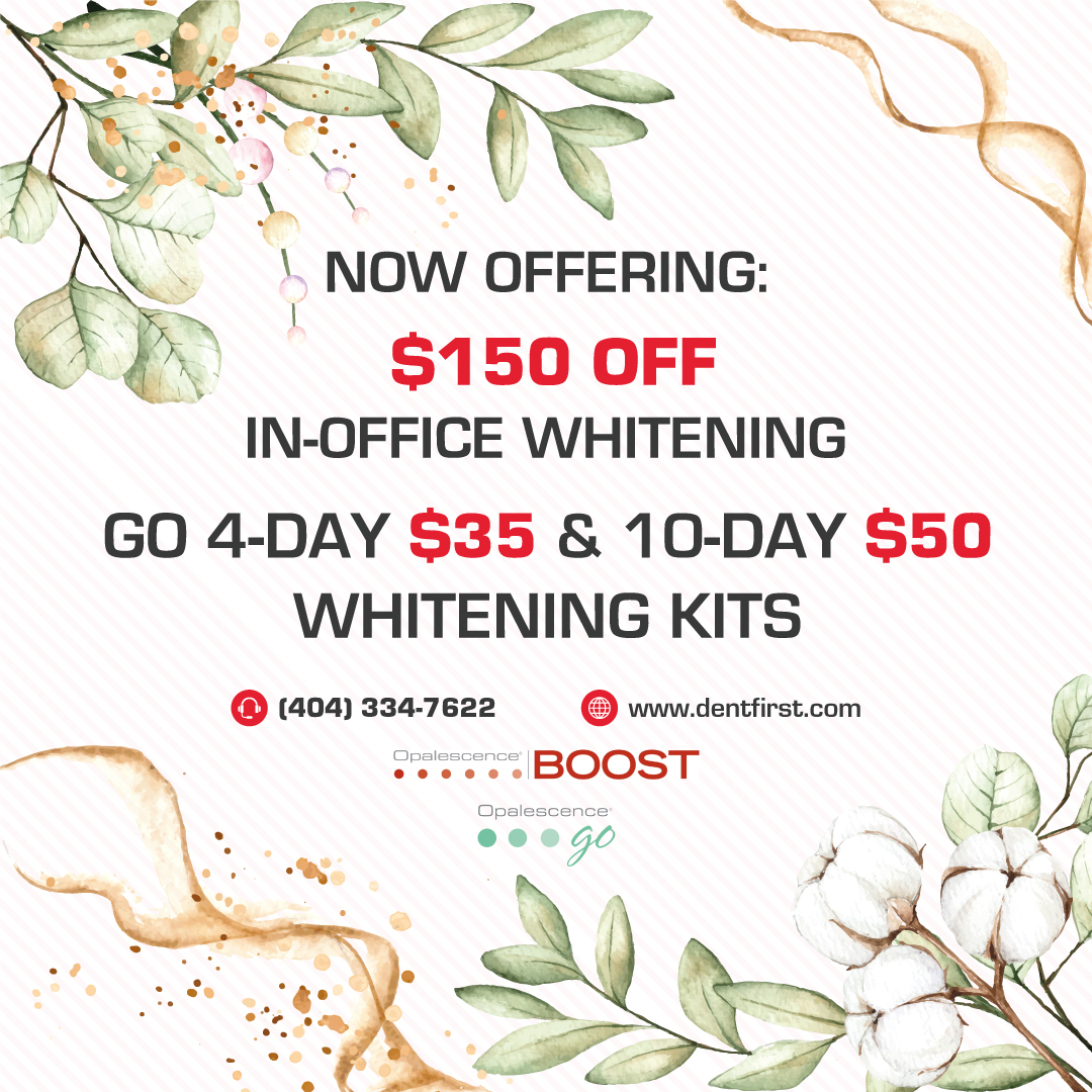 DentFirst's tweet photo. Wedding season starts now.

Say yes to the smile.

$150 off in-office whitening + special pricing on GO 4-day and 10-day kits.

Book before calendars fill. Call 404-334-7622 for more details. https://t.co/cr5RdAVnnO