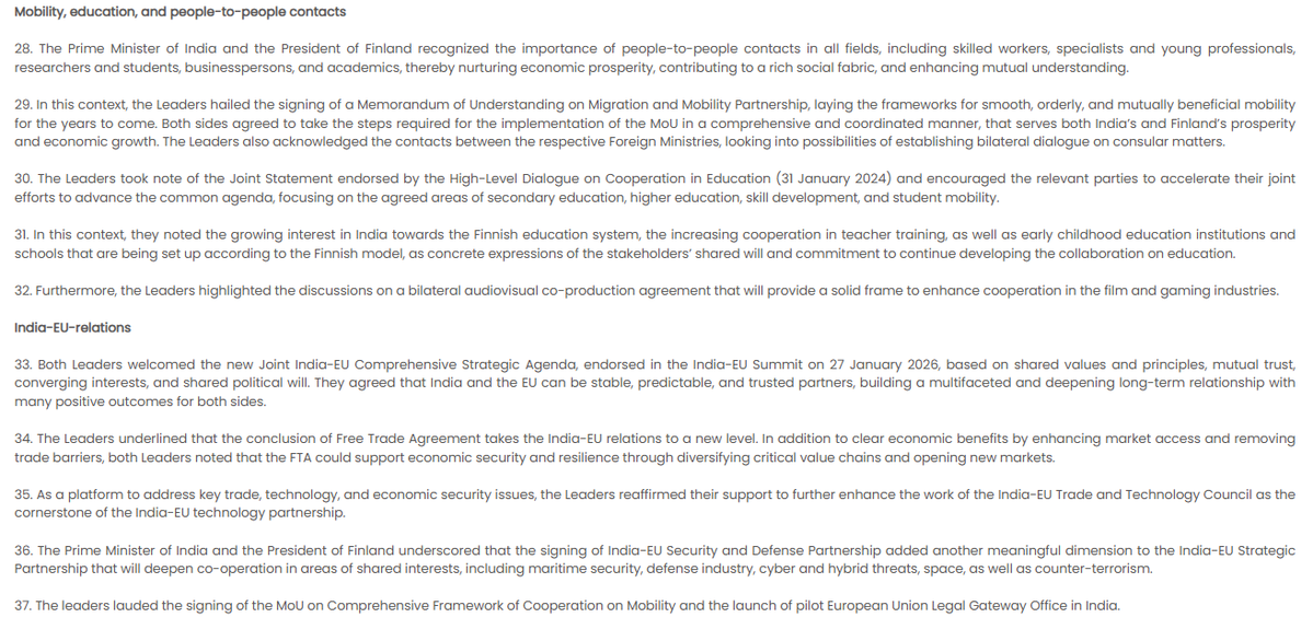 India – Finland Joint Statement on the State Visit of President of the Republic of Finland | The President of Finland congratulated India for successfully hosting the AI Impact Summit 2026. Both Leaders shared the view that working towards safe, trustworthy, and inclusive