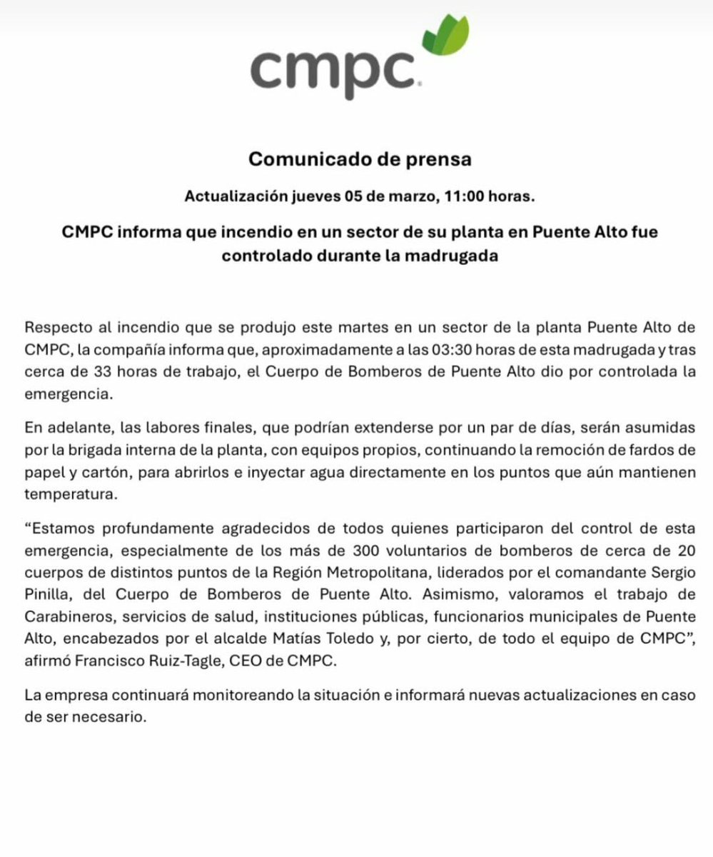 🔴#PuenteAlto| Tras 33 horas de combate dan por controlado incendio que afectó a La Papelera. En adelante las labores de extinción final serán asumidas por la brigada interna de la planta, señala CMPC.
