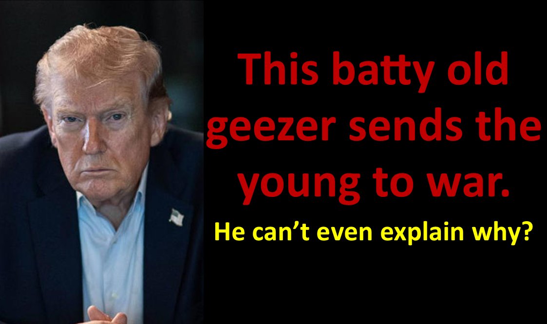 1stillstanding2's tweet photo. This batty old geezer sends the young to war.
He can't even explain why? https://t.co/6Oh4xbr2F7