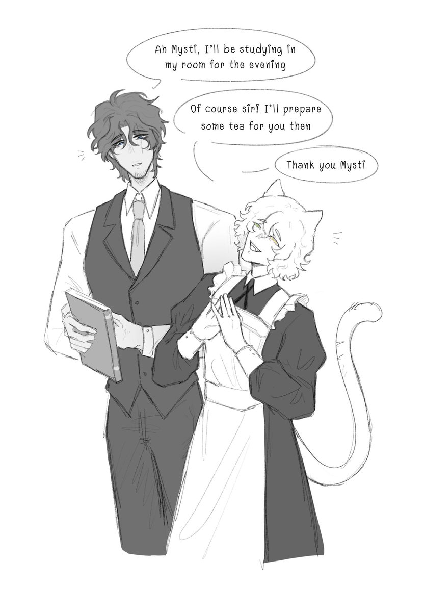 Qinny007's tweet photo. Would it be extra sad if Mysti is Pyro’s maid since he was young? #whitepine #whitepinefanart #pyroscythefanart #mysticatfanart https://t.co/o49vEQBwUF