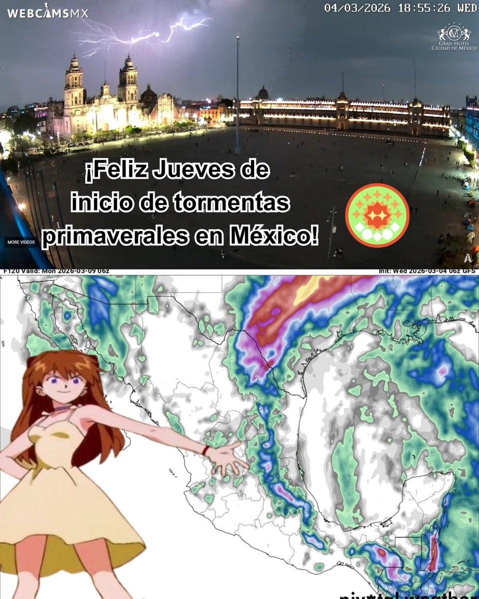 poketiempo_mx's tweet photo. #FelizJueves
⛈️🌼Las primeras lluvias y tormentas de primavera se hicieron notar ayer en diferentes partes de México, incluyendo CDMX, lo cual es totalmente normal. Y si querían más, están de suerte.
🌪️ Probabilidad de tornados y vientos fuertes en norte de Coahuila y Nuevo León. https://t.co/qk7zVC7oMn