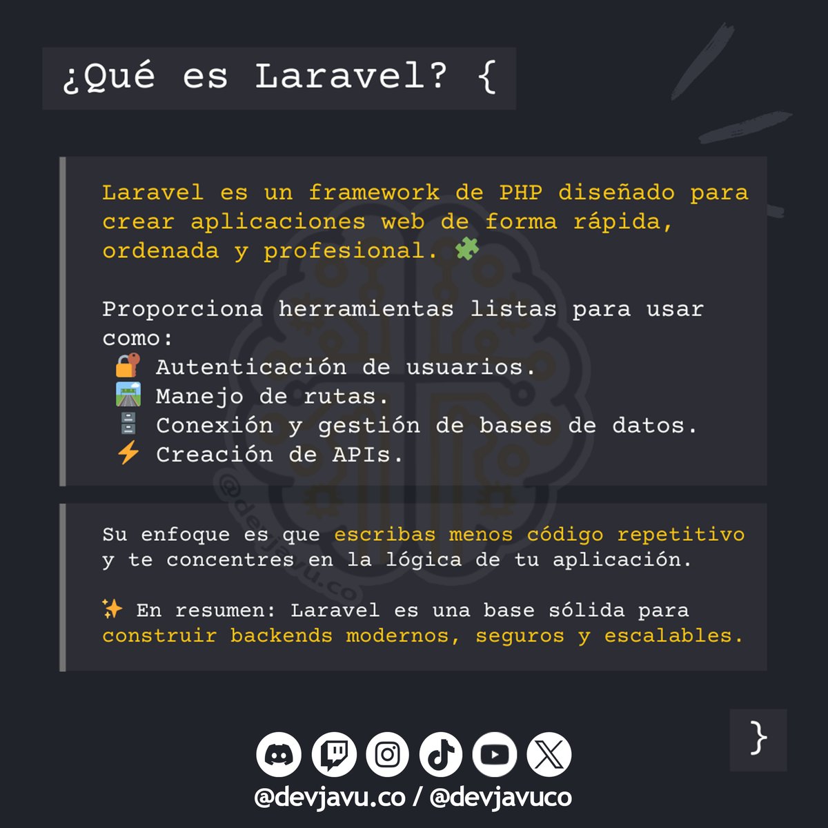 devjavuco's tweet photo. Laravel es productividad real 🚀

Es un framework que te da todo lo necesario para crear aplicaciones web modernas:
🔐 Autenticación
🗄️ Bases de datos
🛣️ Rutas
⚡ APIs

Menos código repetitivo, más enfoque en construir.
Laravel convierte ideas en backends sólidos y escalables. 🧠 https://t.co/WRPEGuHh7j