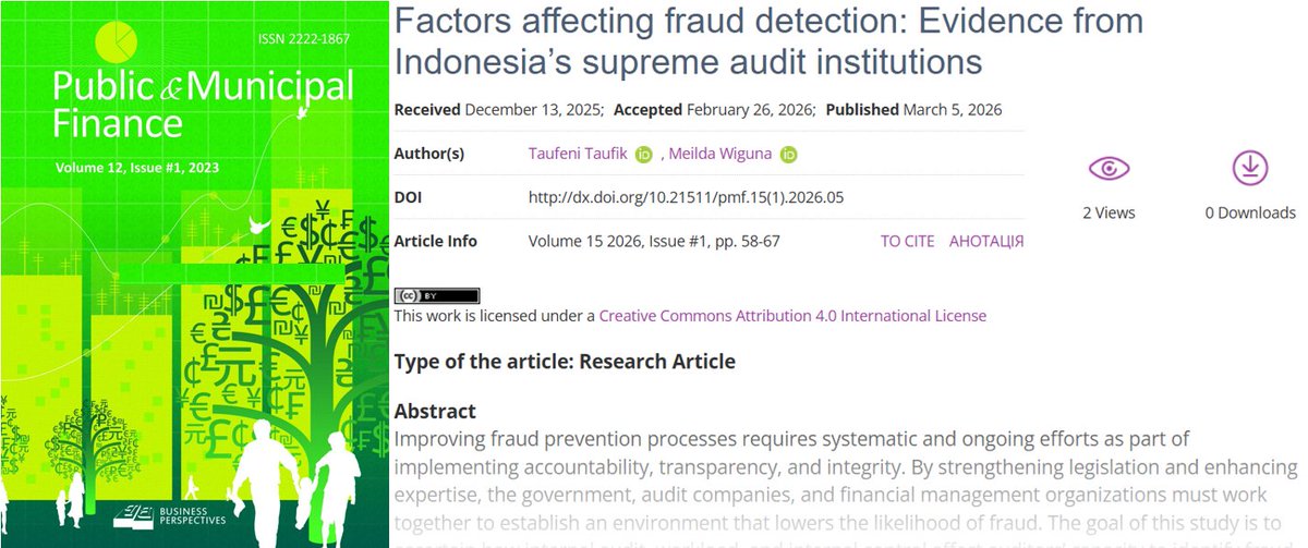 pubfin_journal's tweet photo. 🔗https://t.co/Tp1ZZ0qqpG
📝Factors affecting #fraud detection: Evidence from #Indonesia’s supreme audit institutions
👥Taufeni Taufik, Meilda Wiguna https://t.co/Ke8qcheBRH