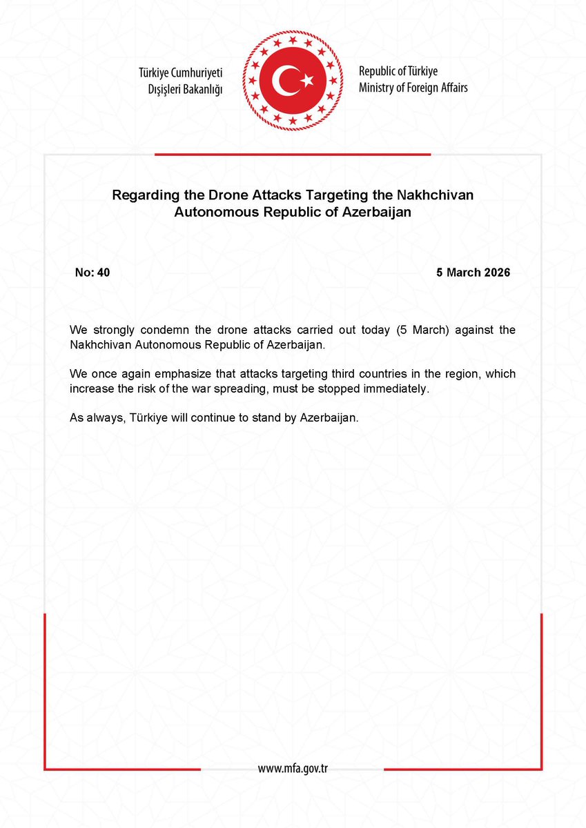 Regarding the Drone Attacks Targeting the Nakhchivan Autonomous Republic of Azerbaijan mfa.gov.tr/no_-40_-azerba…